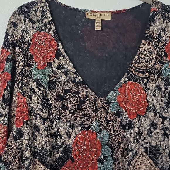 Y2K Notations Floral Tunic Top Size 2X Long Sleeve VNeck Whimsigoth Fairy Dark - Picture 2 of 13